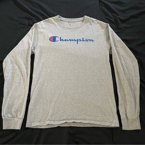 Champion Gray Long-Sleeve Script Logo Tee with Blue & Red Accent